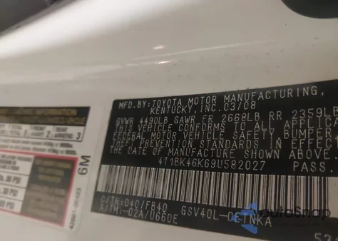 2009 Toyota Camry Le V6 из США, поврежденный, VIN 4T1BK46K69U582027